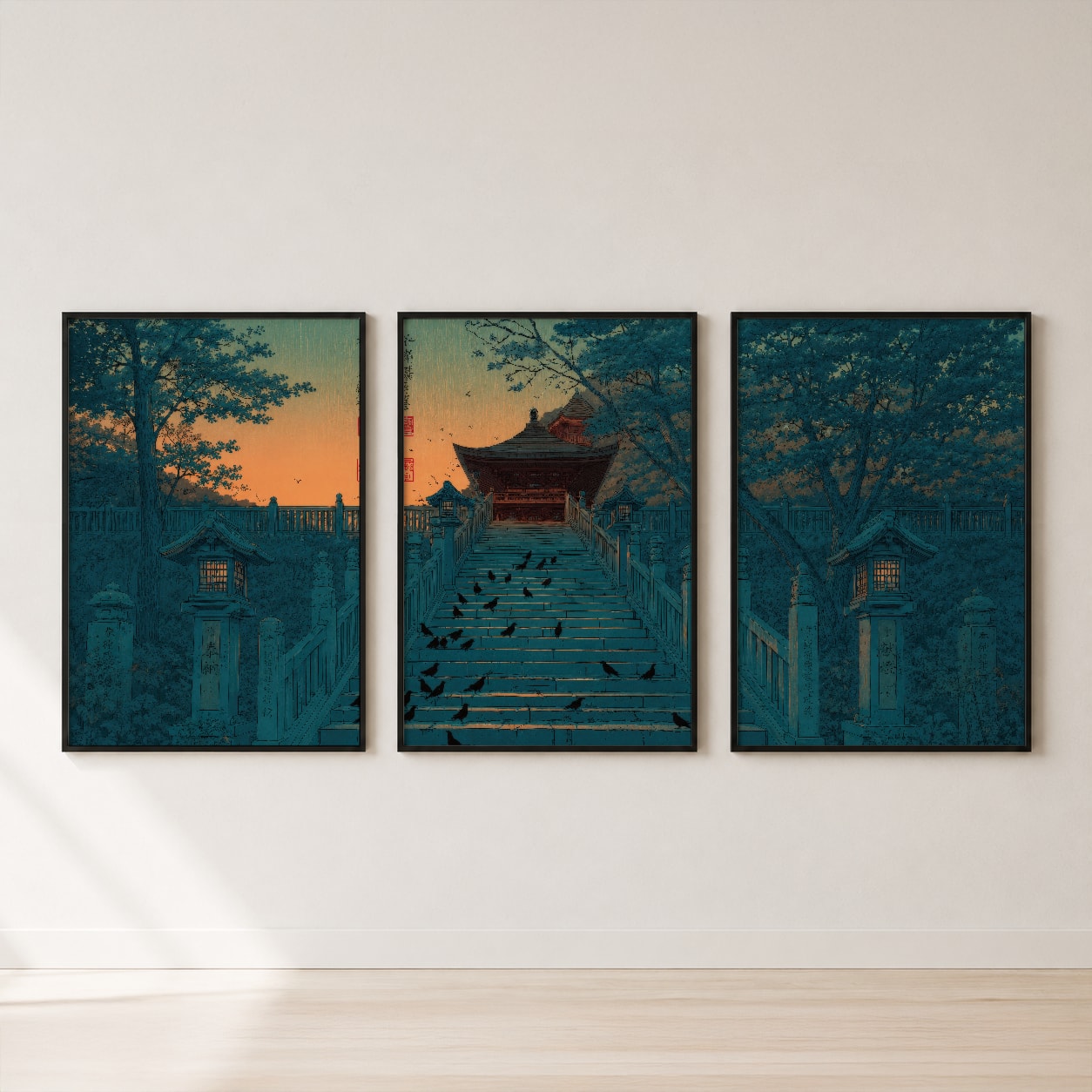 Japanese Temple at Sunset Triptych Wall Art — set hero
