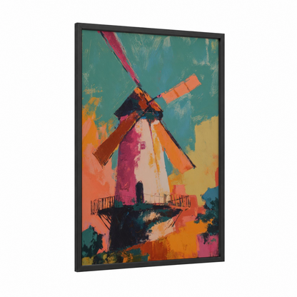 Colorful Windmill framed windmills print — black wood frame — magenta and orange palette