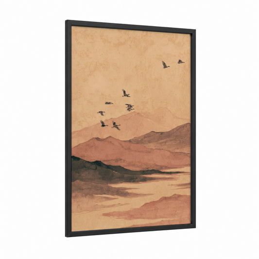 Desert Migration framed dune print — black wood frame — gold and brown palette