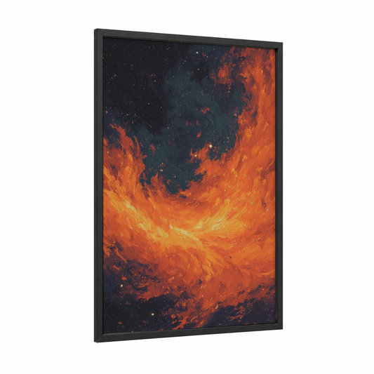 Crimson Nebula framed art print — black wood frame — orange and dark blue palette