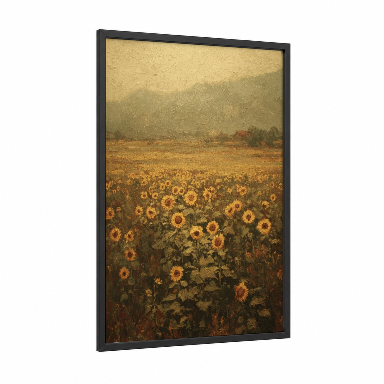 Golden Sunflower Field framed art print — black wood frame — yellow gold and olive palette