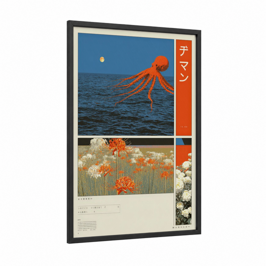 Octopus Dream framed japanese y2k print — black wood frame — blue and pumpkin palette
