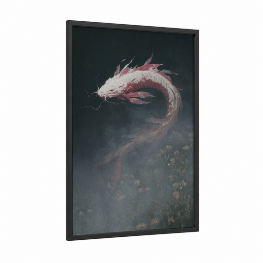Crimson Eel Dance framed eels print — black wood frame — maroon and black and white palette