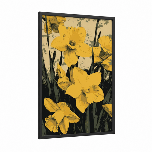 Golden Daffodils framed art print — black wood frame — yellow gold and cream palette