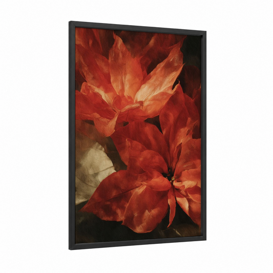 Crimson Poinsettia Blooms framed poinsettias print — black wood frame — red and gold palette