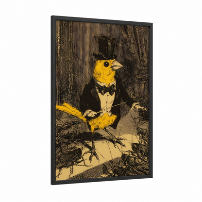 Dapper Canary framed canaries print — black wood frame — black and white and yellow gold palette