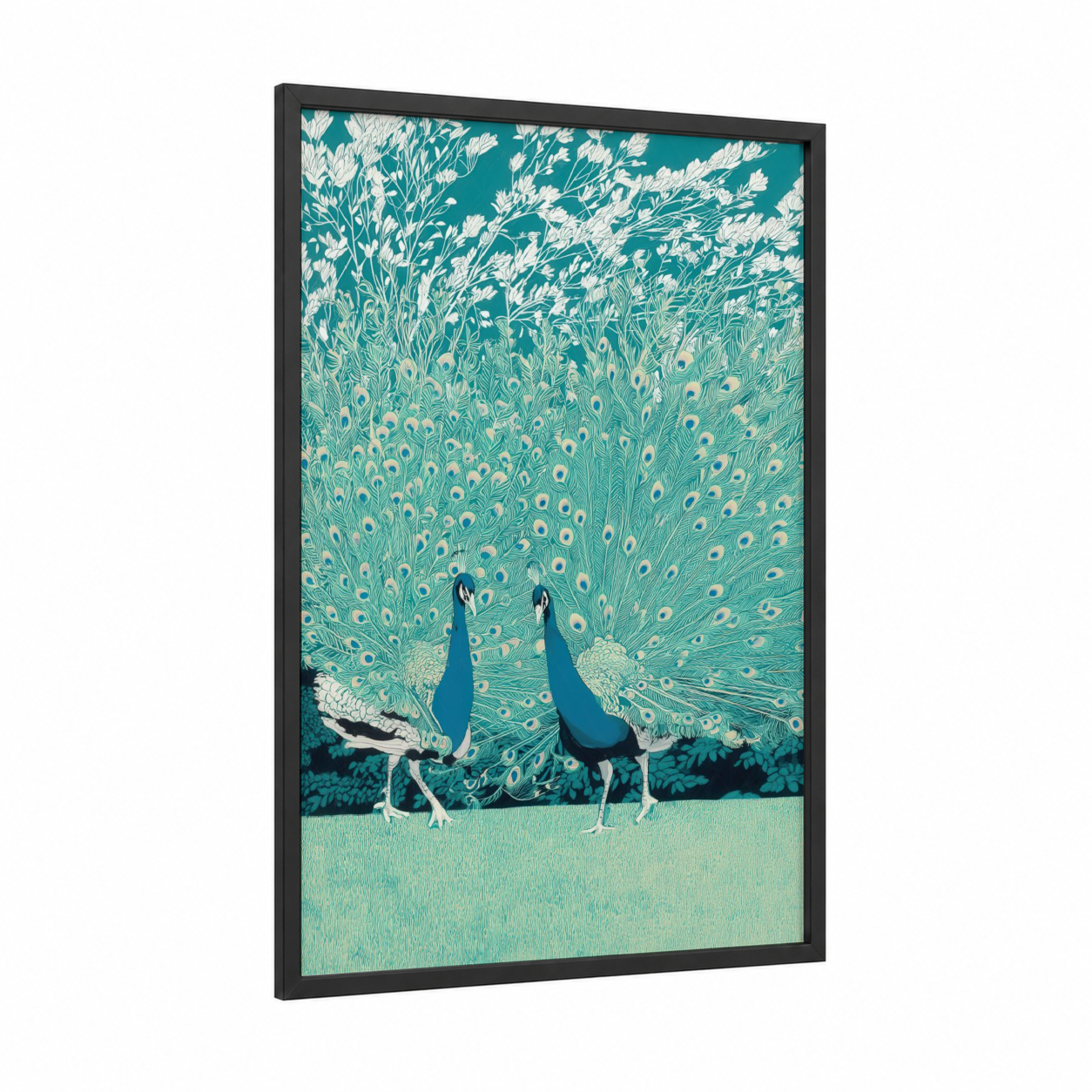 Turquoise Peacock Pair framed art print — black wood frame — teal and white palette