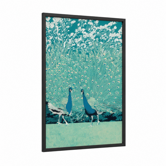Turquoise Peacock Pair framed art print — black wood frame — teal and white palette