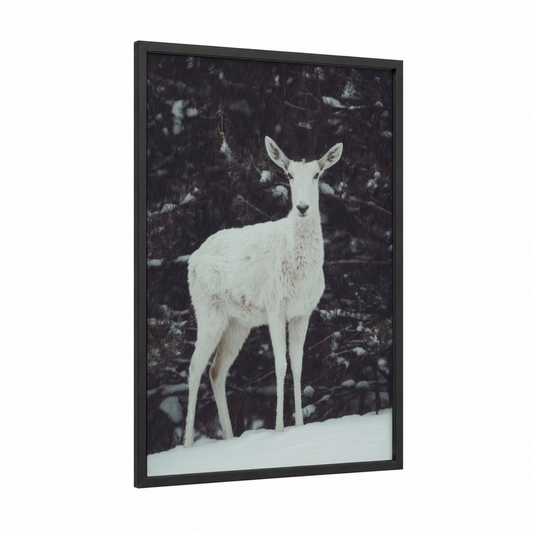 Snowy Antelope framed art print — black wood frame — black and white and gray palette