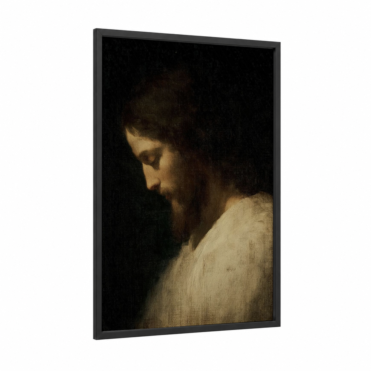 Contemplative Christ framed jesus christ print — black wood frame — gold and black palette