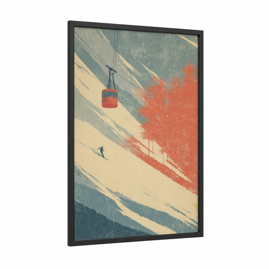 Alpine Descent framed skiing print — black wood frame — cream and sage green palette