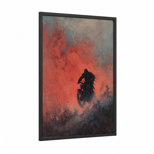 Inferno Rider framed vintage motorcycle print — black wood frame — red and black and gold palette
