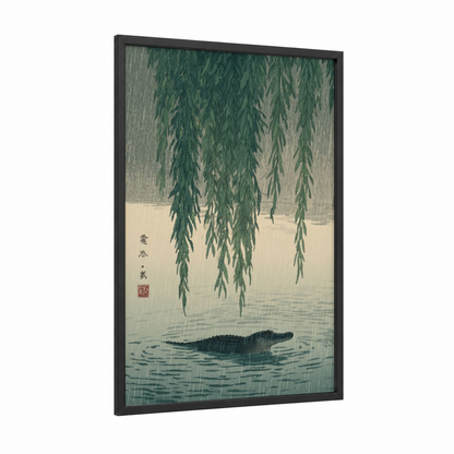 Rainy Alligator framed art print — black wood frame — sage green and gray palette