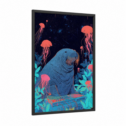 Neon Walrus DJ framed art print — black wood frame — blue and magenta palette