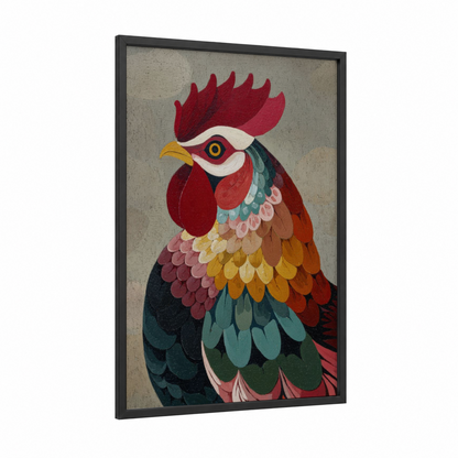 Crimson Rooster framed chicken and roosters print — black wood frame — red and gold palette