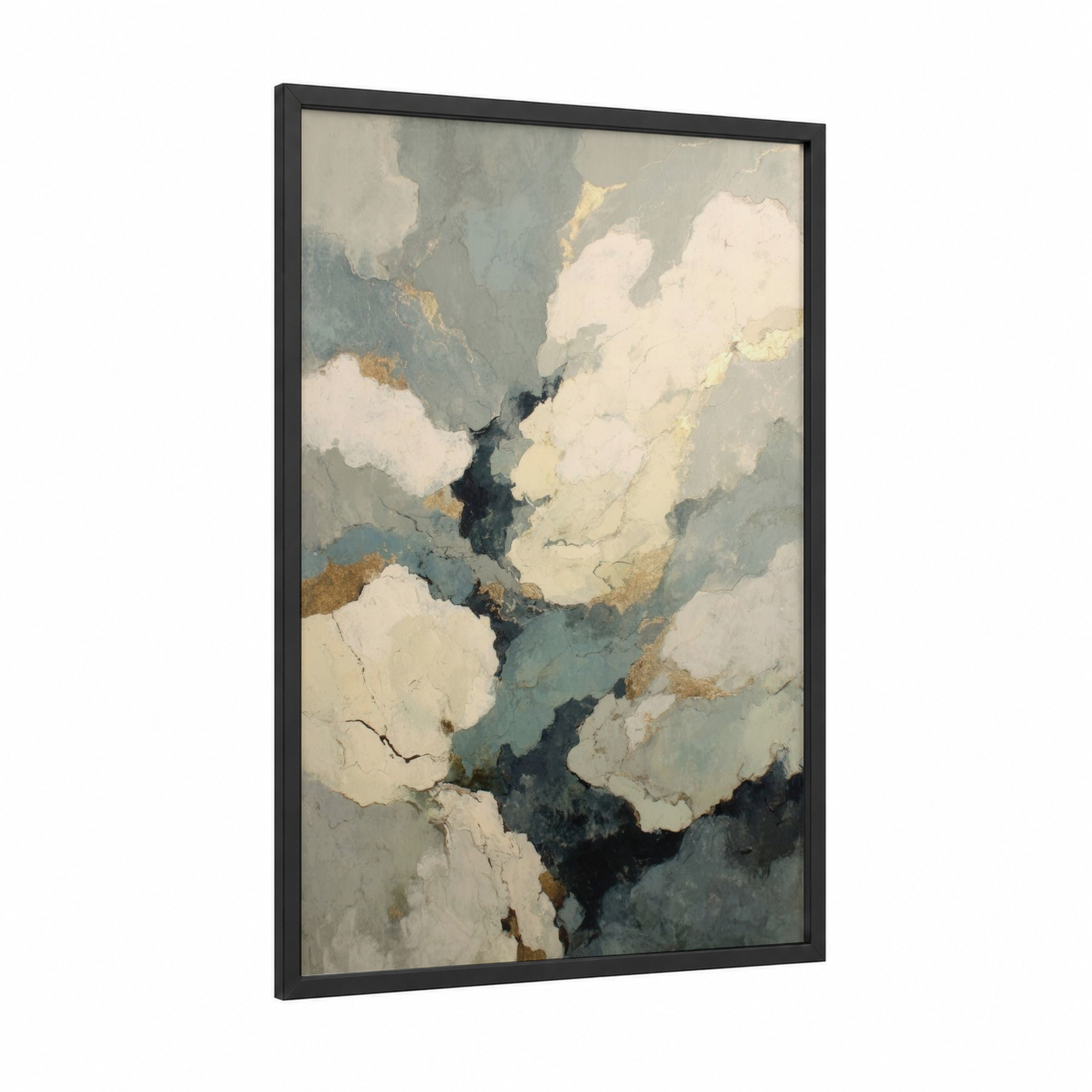 Abstract Oyster framed art print — black wood frame — cream and bermuda gray palette