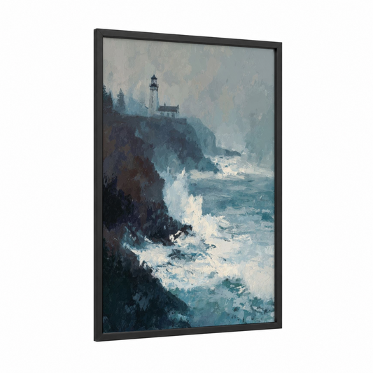 Misty Lighthouse Cliff framed art print — black wood frame — blue and gray and white palette