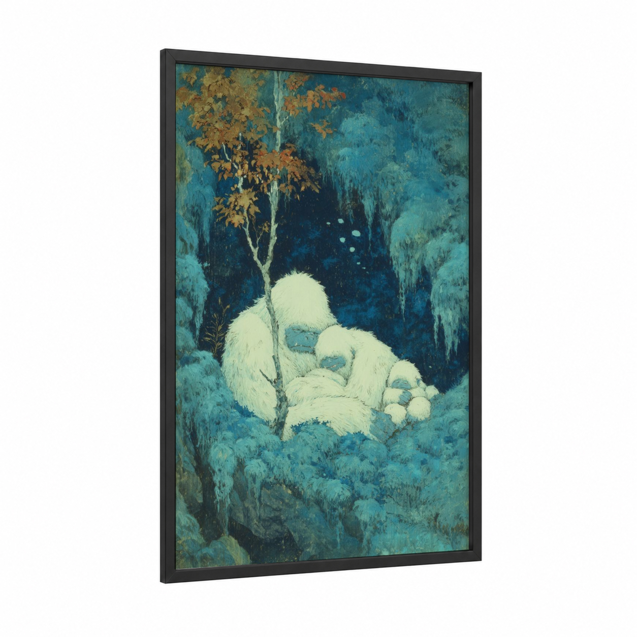 Snowy Yeti Forest framed art print — black wood frame — blue and gold palette