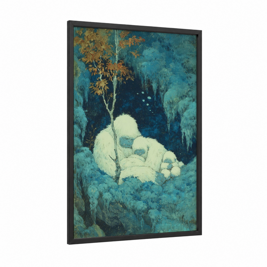 Snowy Yeti Forest framed art print — black wood frame — blue and gold palette
