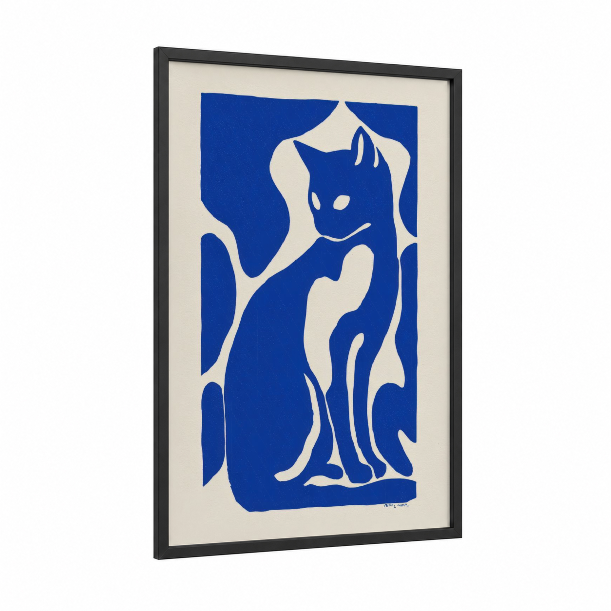 Modernist Cat Portrait framed art print — black wood frame — blue and cream palette