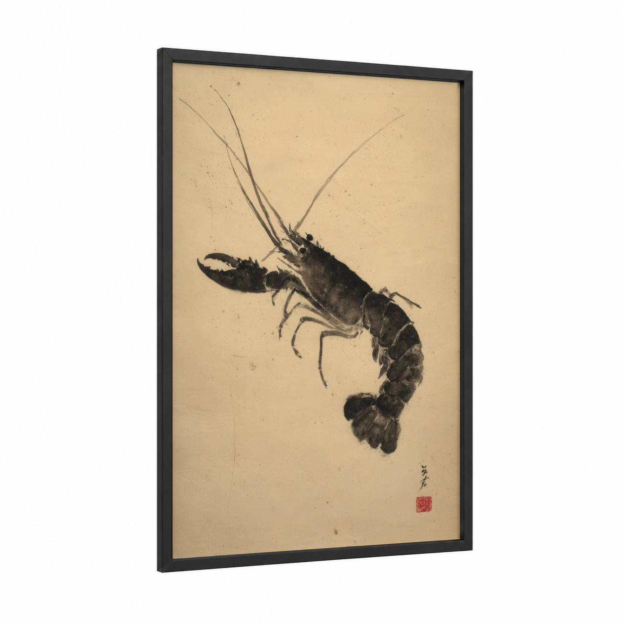 Classic Lobster framed art print — black wood frame — black and cream palette