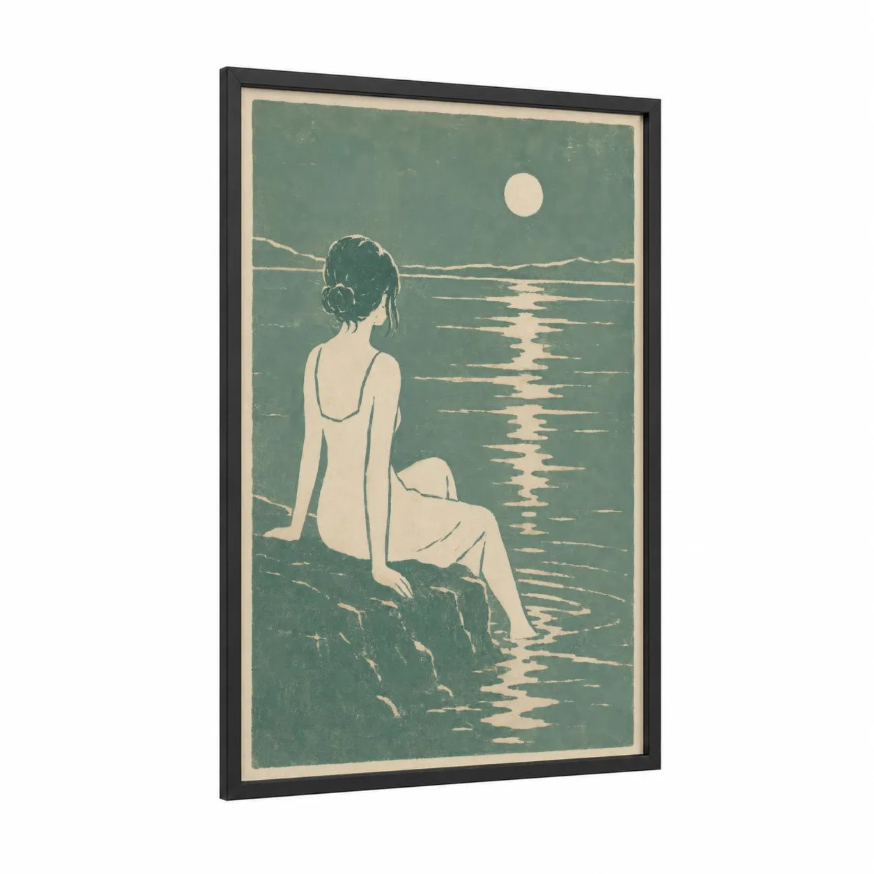 Moonlit Seascape Contemplation Wall Art framed seascapes and ocean print — black wood frame — teal and cream palette
