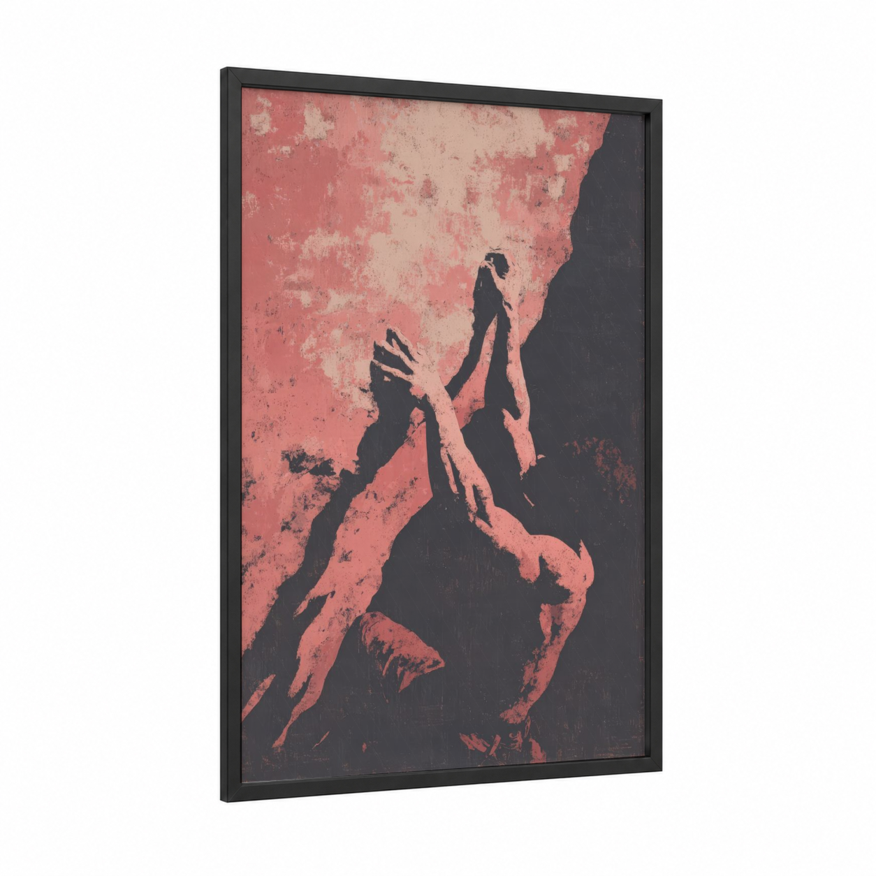 Ascent Challenge framed rock climbing print — black wood frame — salmon pink and black palette