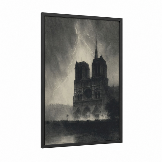 Stormy Notre Dame framed art print — black wood frame — black and white and gray palette