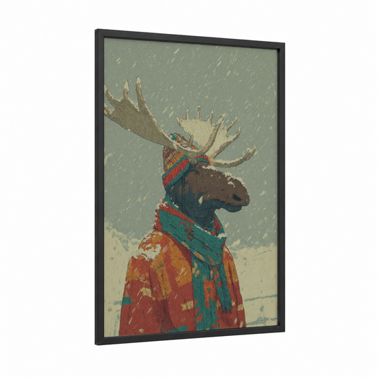 Festive Elk Portrait framed art print — black wood frame — sage green and red palette