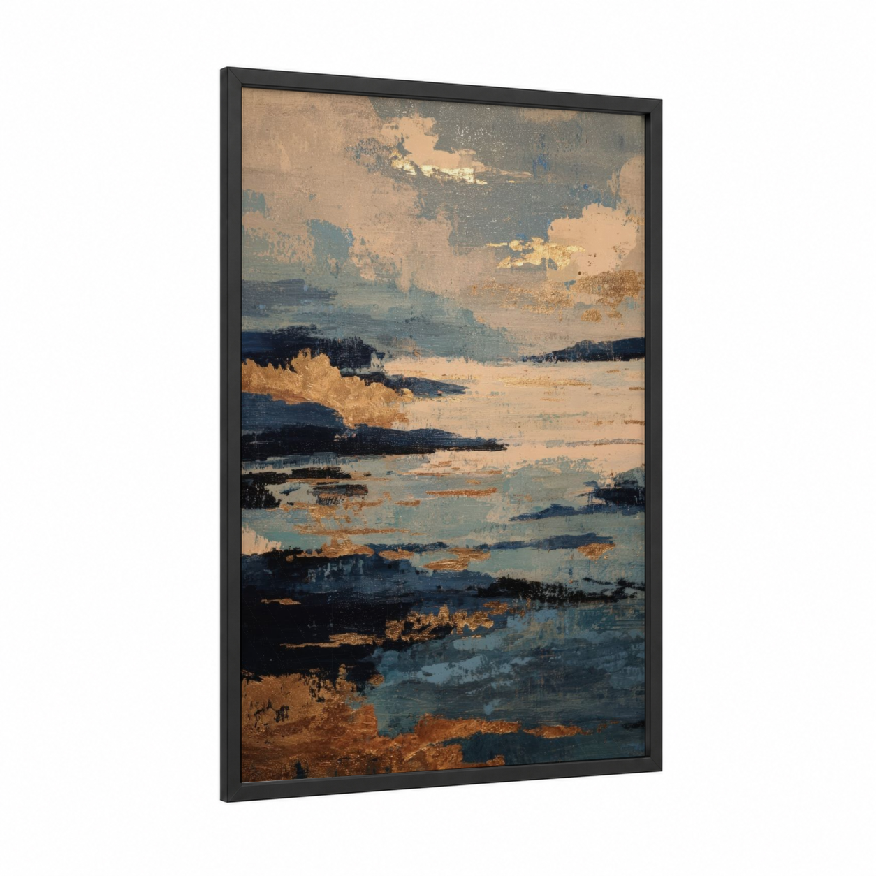 Golden Summer Horizon framed art print — black wood frame — gold and blue palette