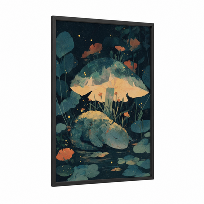 Dreaming Dinosaur framed art print — black wood frame — teal and gold palette
