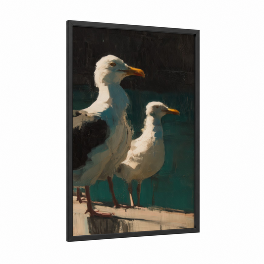 Coastal Seagull Pair framed art print — black wood frame — gold and teal palette