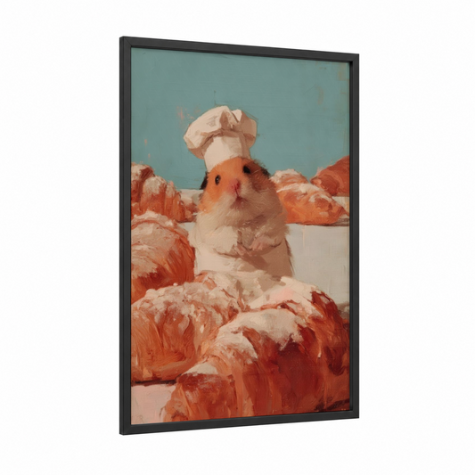 Chef Hamster framed art print — black wood frame — peach and blue and white palette