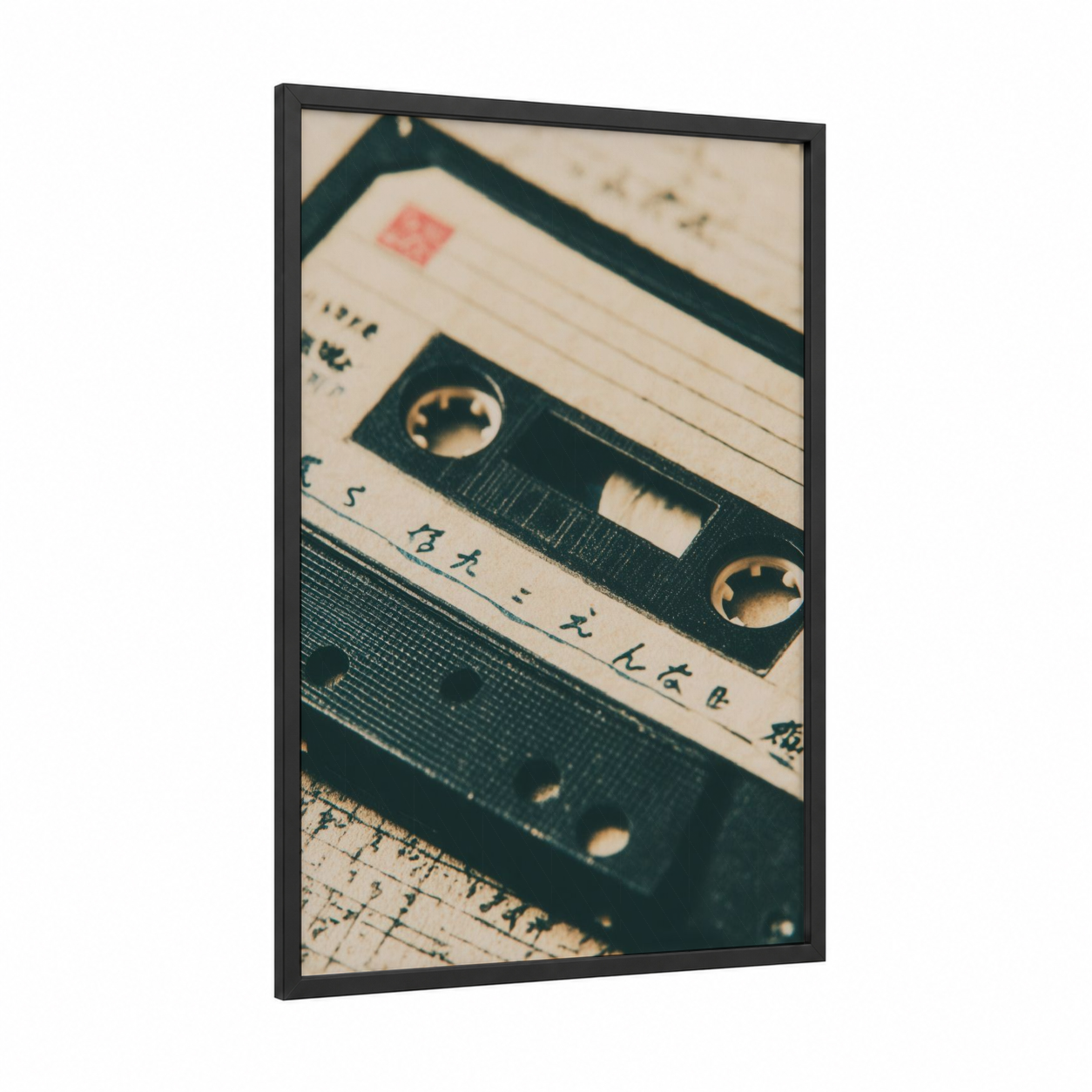 Vintage Cassette Stack framed casette print — black wood frame — beige and black palette