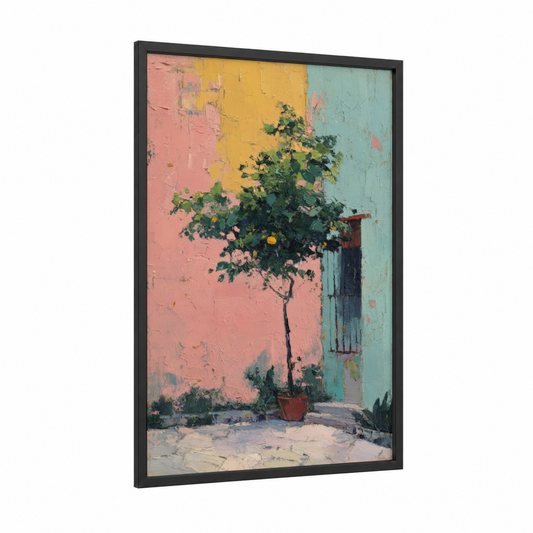 Potted Fruit Tree framed fruit trees print — black wood frame — pink and yellow palette