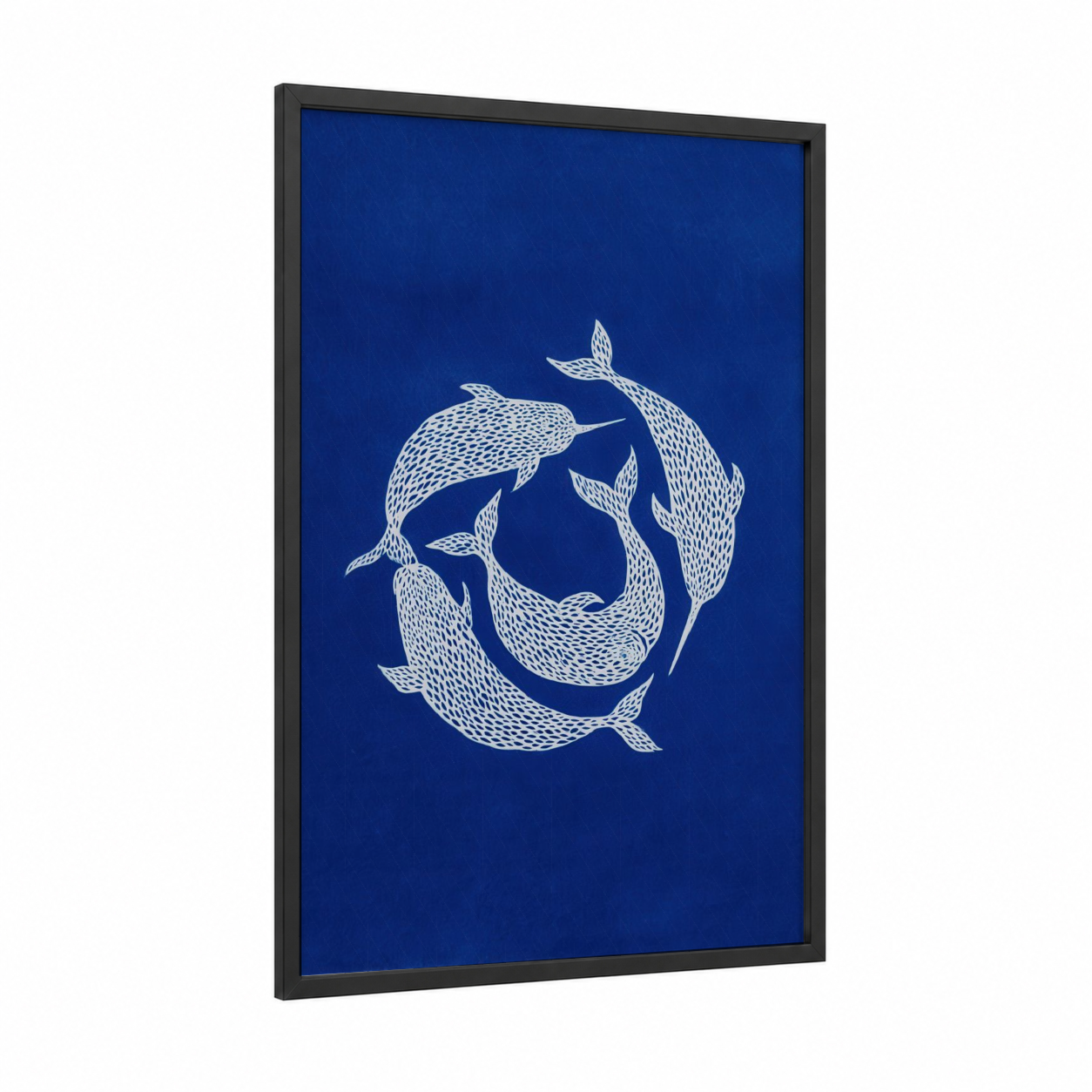 Circular Narwhals framed art print — black wood frame — blue and white palette