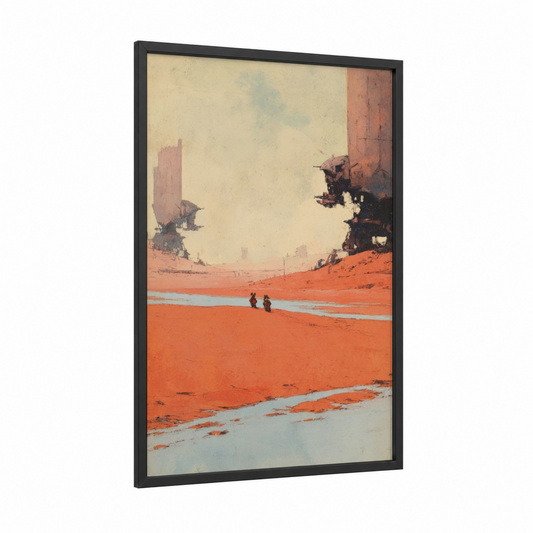 Russet Desert Outpost framed sci-fi print — black wood frame — russet and cream palette