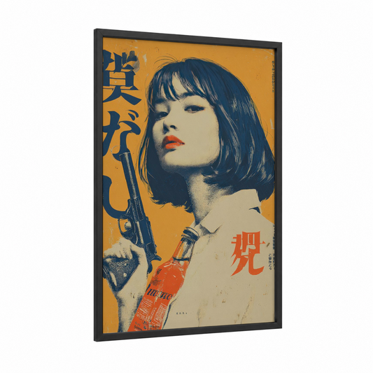 Retro Agent Girl framed vintage japanese ads print — black wood frame — gold and black and gold palette