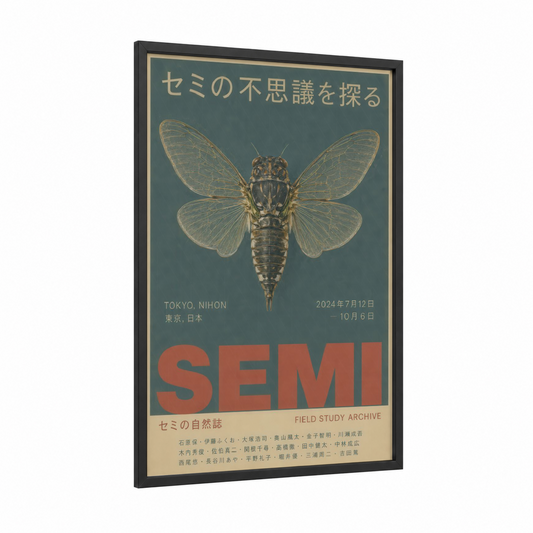 Vintage Japanese Cicada Insect Wall Art framed insects print — black wood frame — teal and gold palette