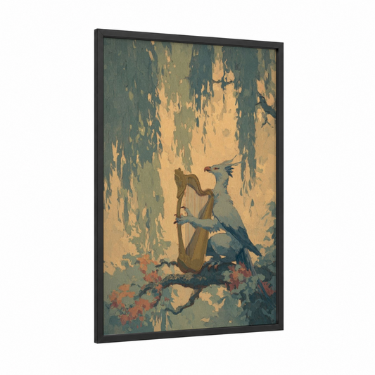 Melodic Griffin framed art print — black wood frame — sage green and gold palette