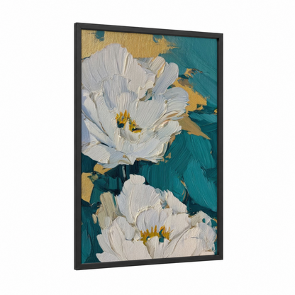 White Peony Study framed abstract flower print — black wood frame — white and teal palette