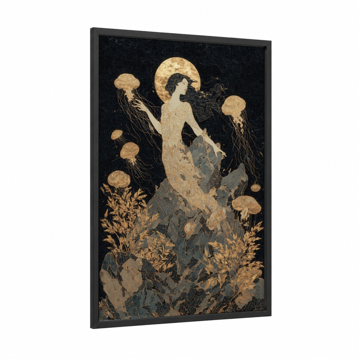 Moonlit Siren framed art print — black wood frame — black and gold and gray palette