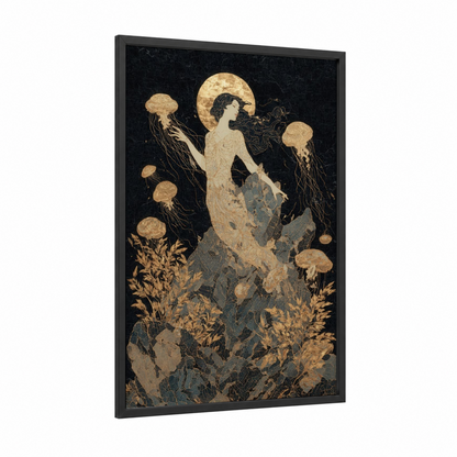 Moonlit Siren framed art print — black wood frame — black and gold and gray palette