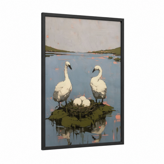 Nesting Swans framed art print — black wood frame — blue and cream palette