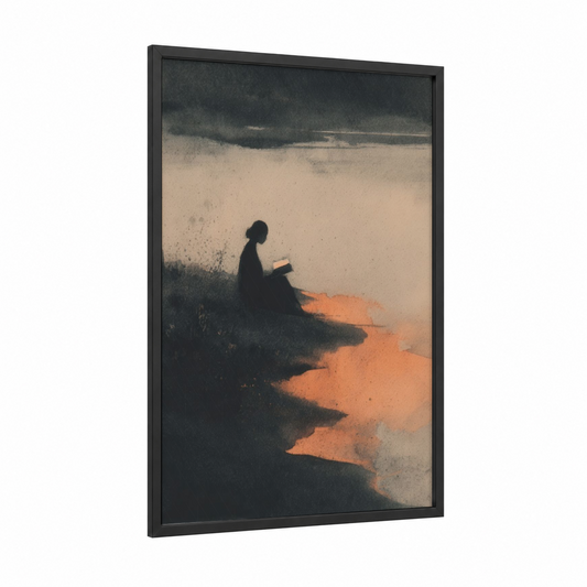 Lakeside Reader framed reading print — black wood frame — black and orange palette