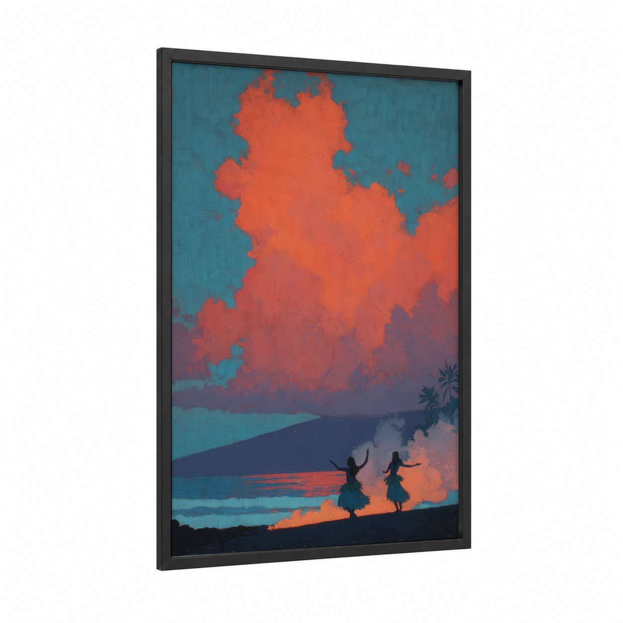 Tropical Hula Sunset framed art print — black wood frame — orange and teal palette