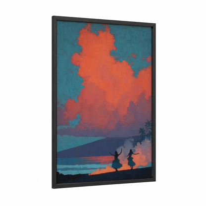 Tropical Hula Sunset framed art print — black wood frame — orange and teal palette