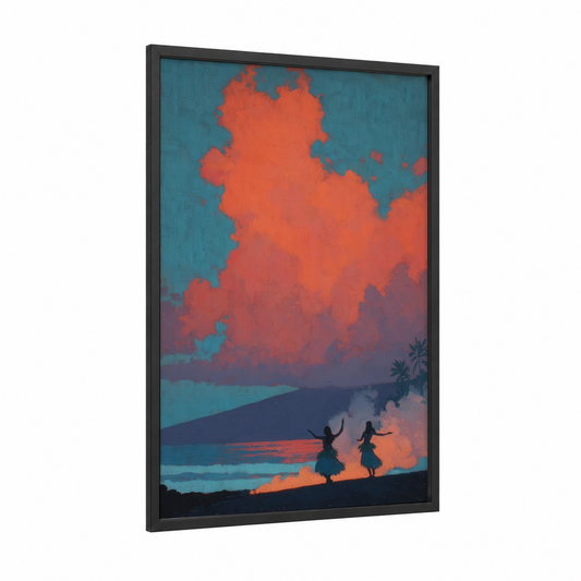 Tropical Hula Sunset framed art print — black wood frame — orange and teal palette