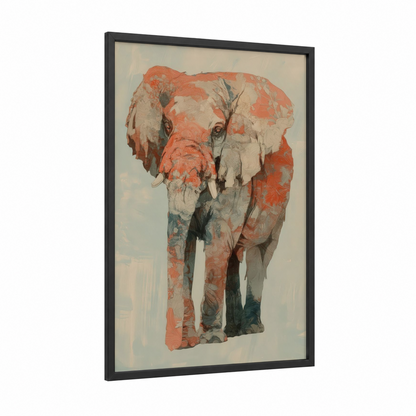 Coral Savanna Elephant framed art print — black wood frame — cream and russet palette