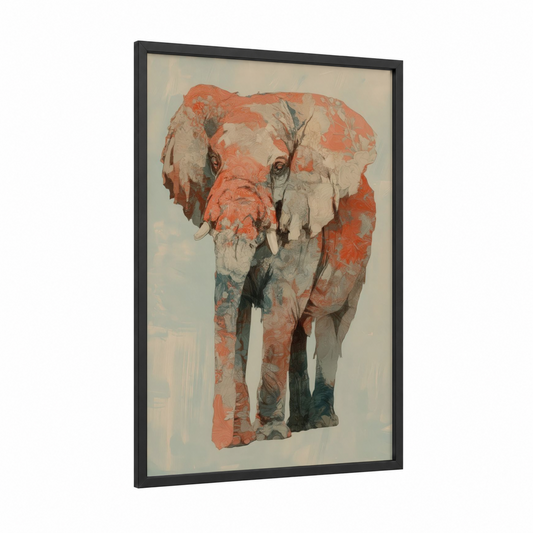 Coral Savanna Elephant framed art print — black wood frame — cream and russet palette